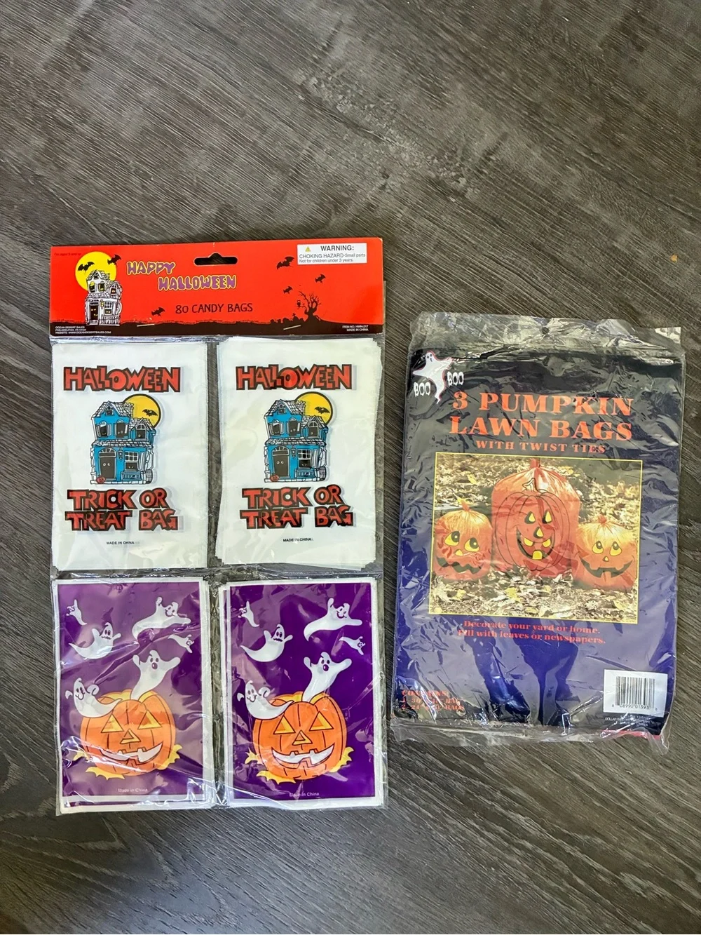 VTG Halloween Skeleton Banner Flag 28x43 Goodie Bags Pumpkin Leaf Lawn Bag Set